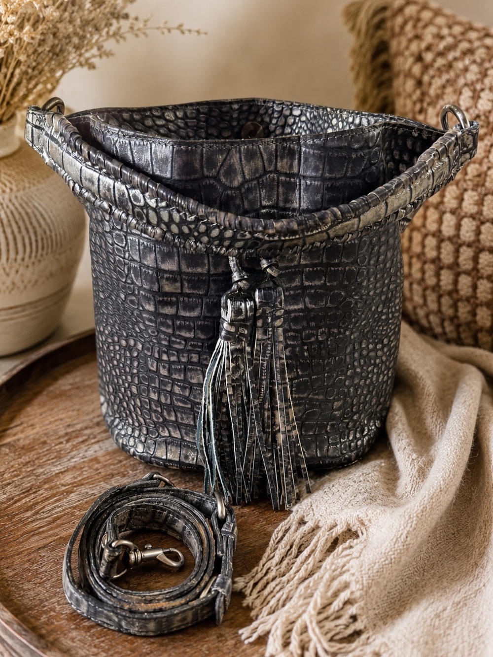 Patricia Nash Embossed Croc Leather Bucket Bag Gray Silver Tassel Crossbody